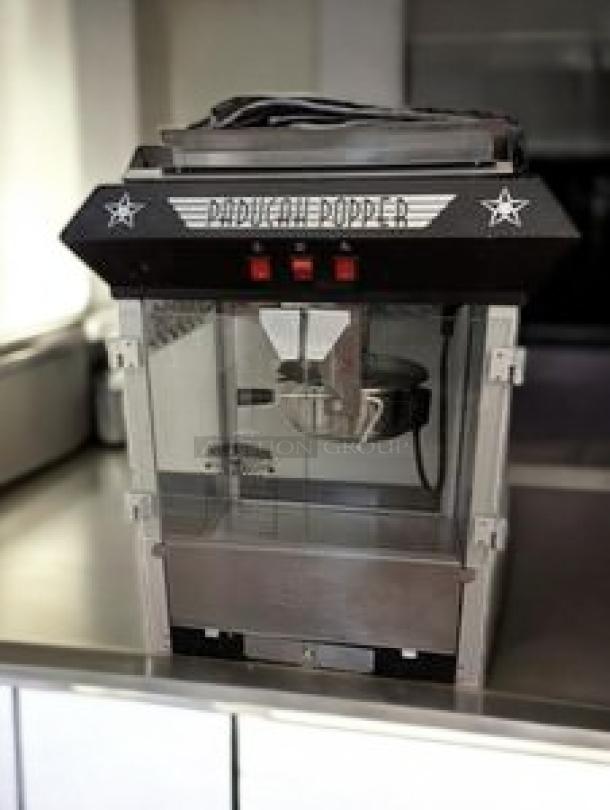Great Northern Paducah Popper commercial popcorn machine, superb condition, 120V, glass panels, branded top, fully tested.