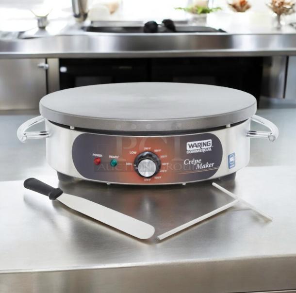 Waring Commercial WSC160 Electric Crêpe Maker, superb condition, 120V, features ready/power indicators, includes spatula and spreader.
