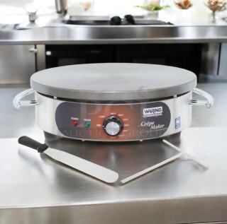 Waring Commercial WSC160 Electric Crêpe Maker, superb condition, 120V, features ready/power indicators, includes spatula and spreader.