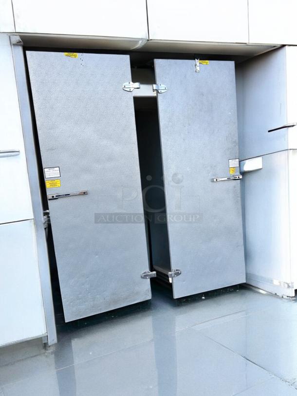 Norlake Walk-In Cooler/Freezer Doors set, great condition, fully operational, visible safety labels, metal surface, tested.