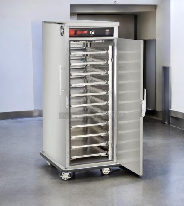 Outstanding condition FWE TST-16-EPL heated holding cabinet, 220V, fully tested, stainless steel, multiple shelves, on casters.