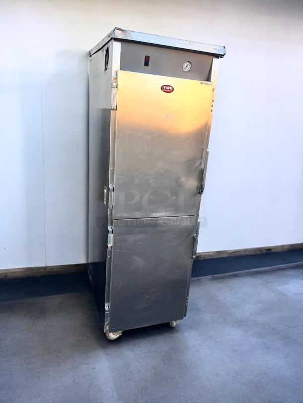 FWE TST-16-EPL Heated Holding Cabinet in outstanding condition, stainless steel with thermostat and FWE logo, on wheels.