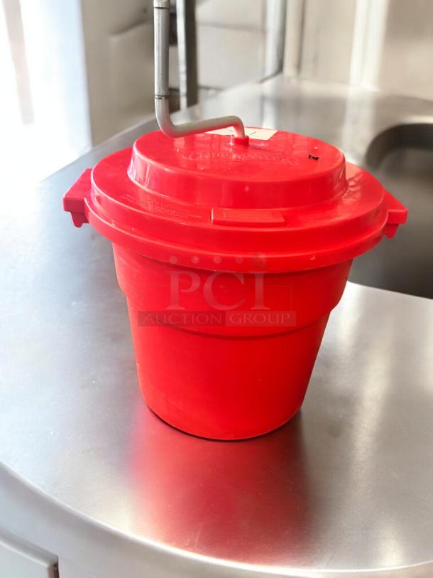 Red Chef Master manual mop bucket with hand-crank wringer in like-new condition, heavy-duty plastic, fully tested.