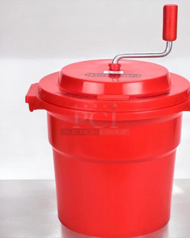 Red Chef Master manual mop bucket with hand-crank wringer, like-new, heavy-duty plastic, fully tested and working.