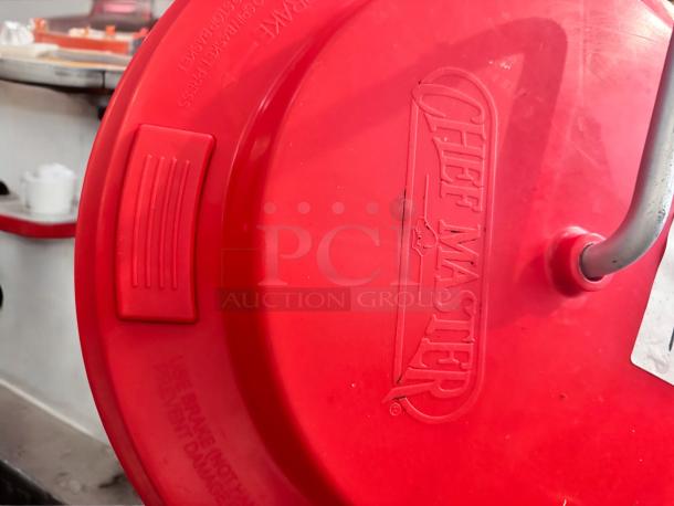 Red Chef Master manual mop bucket, like-new condition, heavy-duty plastic, hand-crank wringer, fully tested and working.