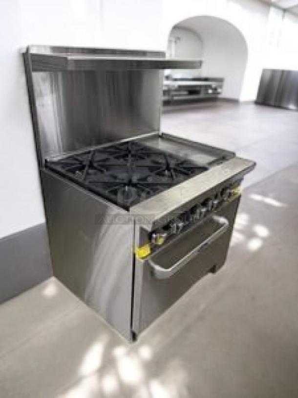 Atosa AGR-4B24G gas range, 36" with 4 burners, 24" griddle, oven; stainless steel, outstanding condition, tested working.