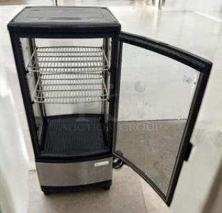 Omcan DW-CN-0200 countertop refrigerated display case, pristine condition, open door, stainless steel, shelves visible, 115V.