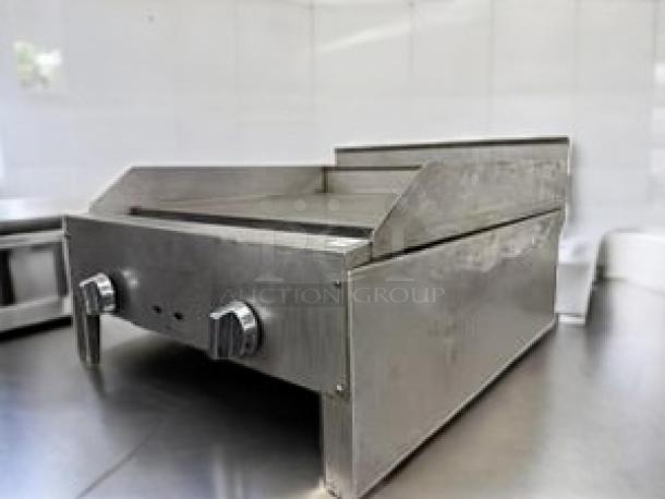 Superior Condition 24" Gas Countertop Griddle, 2-burner, fully tested, stainless steel, clean, commercial-grade.