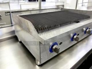 Globe GCB48G 48" countertop gas charbroiler in superb condition, natural gas, fully tested and working, with control knobs visible.