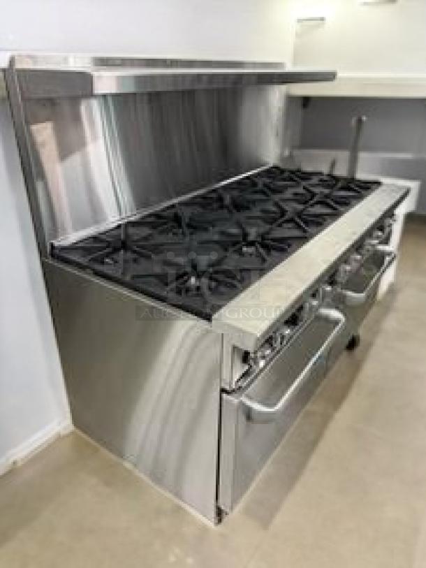 Atosa AGR-10B 60" gas range with 10 burners and double ovens, stainless steel, fully tested, premium condition.