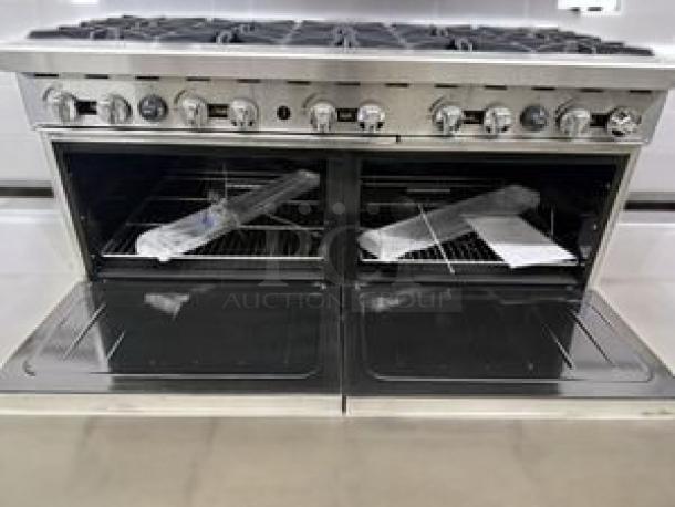 Atosa AGR-10B 60" gas range, 10 burners, double ovens, natural gas, premium condition, fully tested, commercial use.