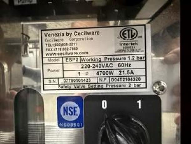 Venezia by Cecilware ESP2 espresso machine label showing model, voltage, power, and certifications.