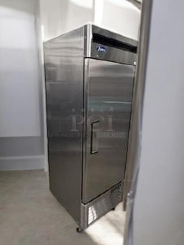 Atosa MBF8501GR single door reach-in refrigerator in superb condition, stainless steel, fully tested, 115V, visible Atosa logo.