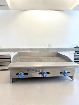 American Range 36" Heavy-Duty Gas Griddle, natural gas, fully tested, excellent condition, featuring control knobs.