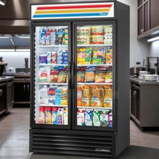 True GDM-43EM 2-glass door merchandiser refrigerator, outstanding condition, fully stocked, tested, working, 115V.