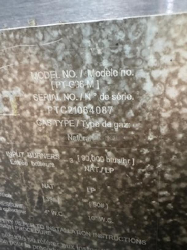 Patriot PT-G36-M gas griddle label showing model and serial numbers, 36" size, 90,000 BTU, natural gas type, 3/4" rear NPT inlet.
