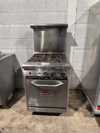 Tri-Star TSR-4 commercial gas range, 24", 4 heavy-duty burners, 33,000 BTUs each, storage base, chrome plated rack.