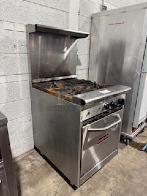 Tri-Star TSR-4 24" commercial gas range with 4 burners, storage base, 33,000 BTUs per burner, and chrome plated rack.