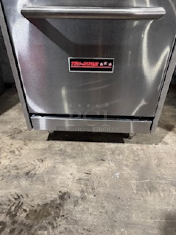 Tri-Star TSR-4 commercial gas range, 24" with 4 heavy-duty burners, 33,000 BTUs each, stainless steel, storage base, chrome rack.