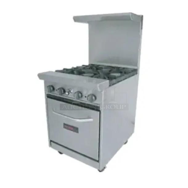Tri-Star TSR-4 24" commercial gas range with 4 heavy-duty burners, 33,000 BTUs each, storage base, and chrome plated rack.