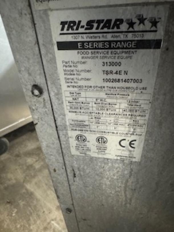 Tri-Star TSR-4 commercial gas range label; shows model details, part number 313000, 33,000 BTUs per burner.