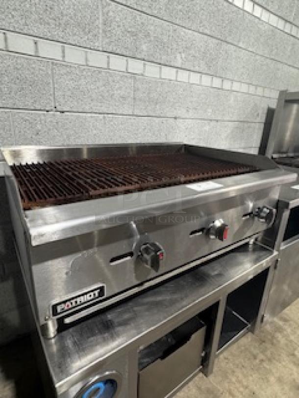 Patriot radiant gas countertop charbroiler, model FMECTC-36/NG, features 30,000 BTU per burner, stainless steel finish.