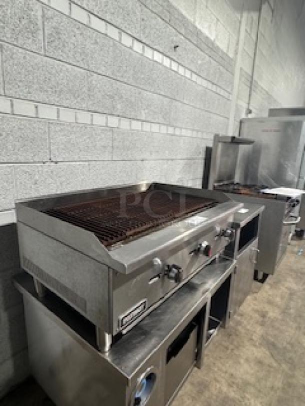 Patriot FMECTC-36/NG gas charbroiler, 30,000 BTU per burner, stainless steel, 3/4” rear NPT gas inlet, used.