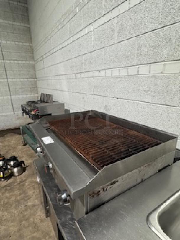 Patriot FMECTC-36/NG radiant gas charbroiler, 30,000 BTU per burner, 3/4” rear NPT inlet, stainless steel, used condition.