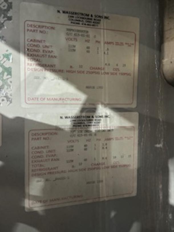 Label showing specifications for N. Wasserstrom & Sons Inc. commercial sink and cooler. Details include model, power, and manufacture date.