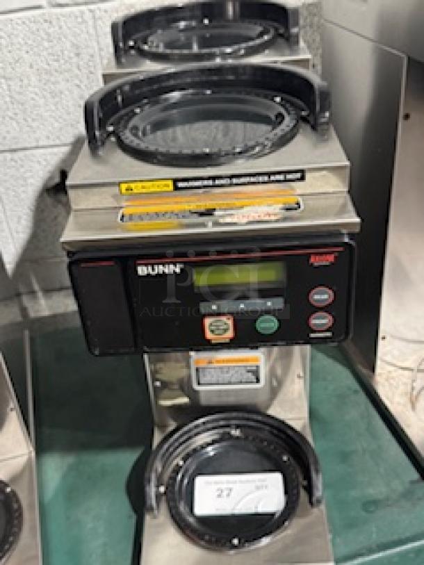 BUNN AXIOM-3 12 Cup Digital Coffee Brewer with LCD, two upper and one lower warmer, stainless steel, control panel visible.