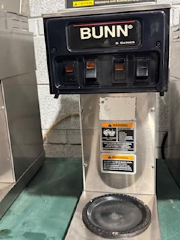 BUNN ST-35 coffee brewer with LCD, features 2 upper and 1 lower warmer, stainless steel, tested and working, 120V.