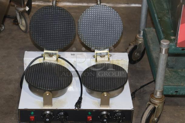 SUNBOS JPX-DXG-2 ice cream cone baking machine with dual iron plates, control dials, and power indicators, in good condition.