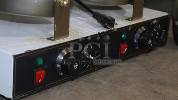 SUNBOS JPX-DXG-2 ice cream cone baking machine, commercial kitchen equipment, dual controls, visible power switches, and dials.