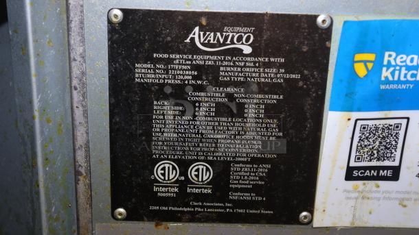 Avantco FF50 Natural Gas Fryer label showing model 177FF50N, serial No. 20703056NG, manufactured 07/2022, ETL certified.