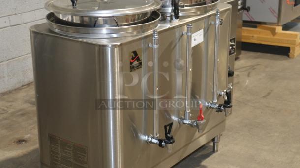 American Metal Ware model 7776E twin 6-gallon coffee pump. Stainless steel. Tested and working.