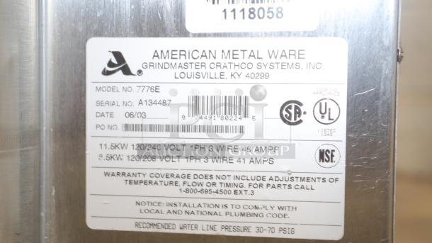 American Metal Ware 7776E label with model, serial number, voltage, and warranty details. Durable stainless steel finish.