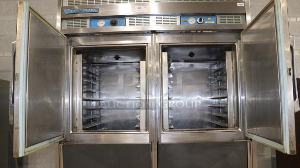 VICTORY commercial fridge, model RS-2D-S2-HD, four doors, stainless steel, 120V, clean interior shelves, open doors.