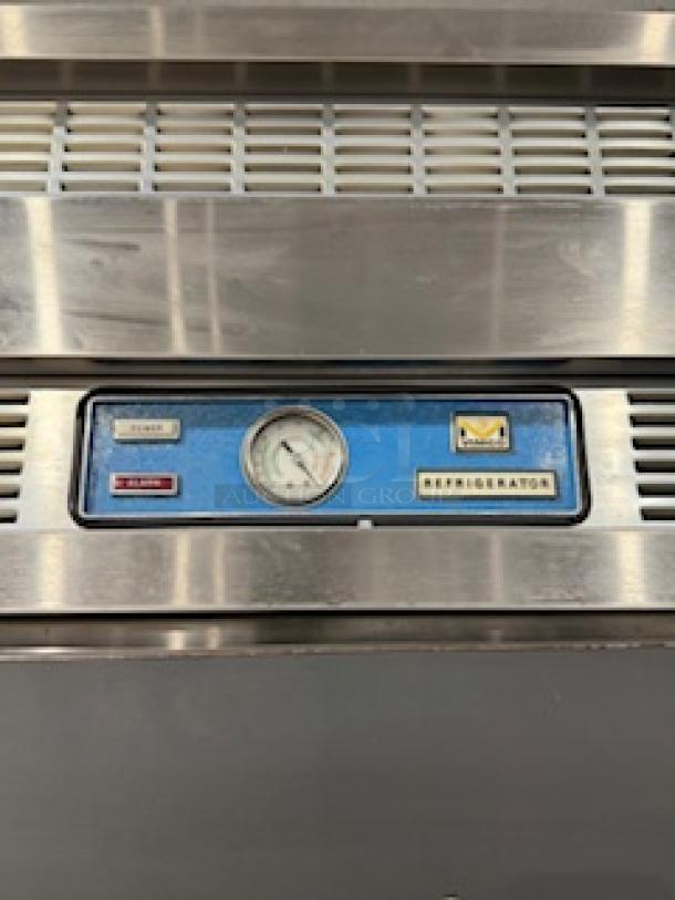 VICTORY commercial fridge, model RS-2D-S2-HD, 4 doors, stainless steel with integrated thermometer, 120V, visible control panel.