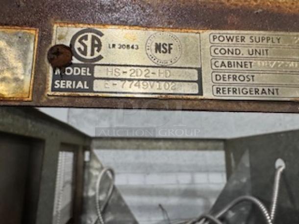 Victory HS-2D2-HD heated cabinet label showing model, serial number C-7749V102, and certification stamps.
