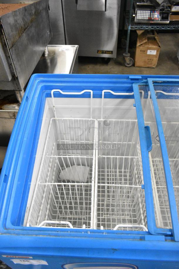 AHT RIO S 100 commercial chest freezer on casters, missing right glass pane, 115 volts, tested and working.