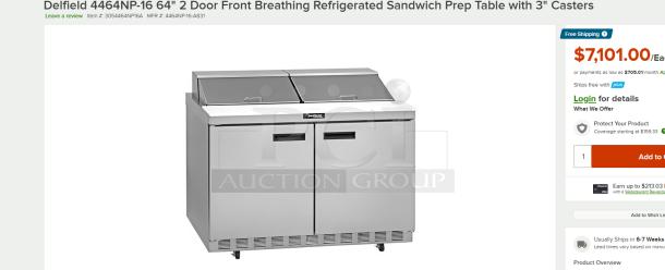 Delfield 4464NP-16 64" refrigerated sandwich prep table with 2 doors, front breathing, 3" casters, excellent condition.