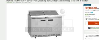 Delfield 4464NP-16 64" refrigerated sandwich prep table with 2 doors, front breathing, 3" casters, excellent condition.