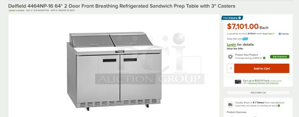 Delfield 4464NP-16 64" 2-door refrigerated sandwich prep table with 3" casters, front breathing, stainless steel.