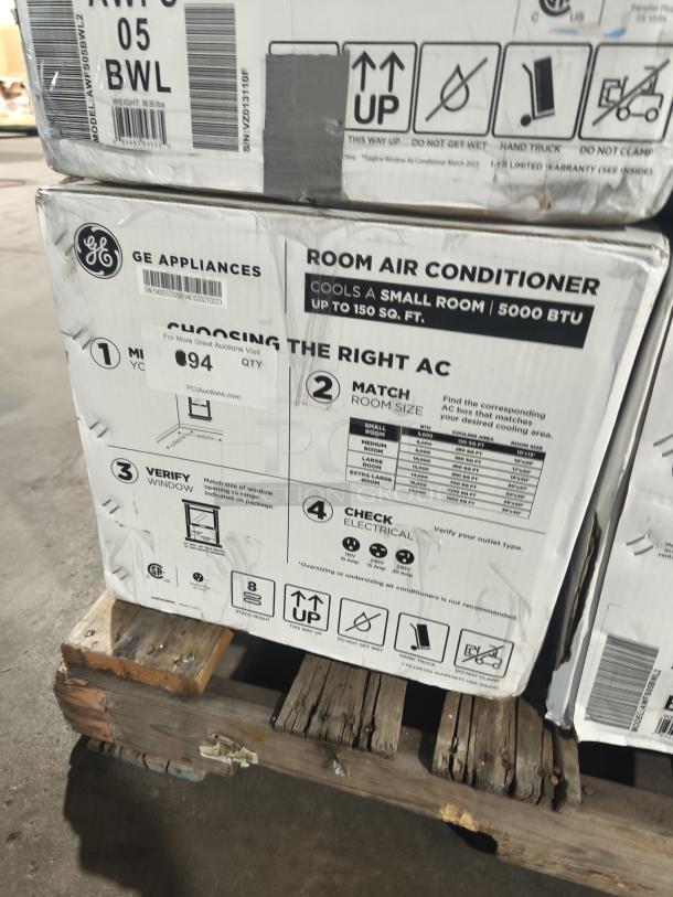 BRAND NEW SCRATCH AND DENT GE 5,000 BTU Window Air Conditioner, Model AWFS05BWL, for up to 150 sq. ft. Box shows minor wear.