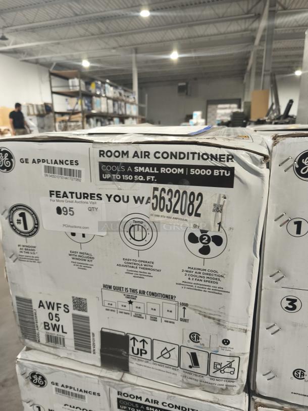 BRAND NEW GE® 5,000 BTU Window Air Conditioner, Model AWFS05BWL. Box shows small dents. Cools rooms up to 150 sq. ft.