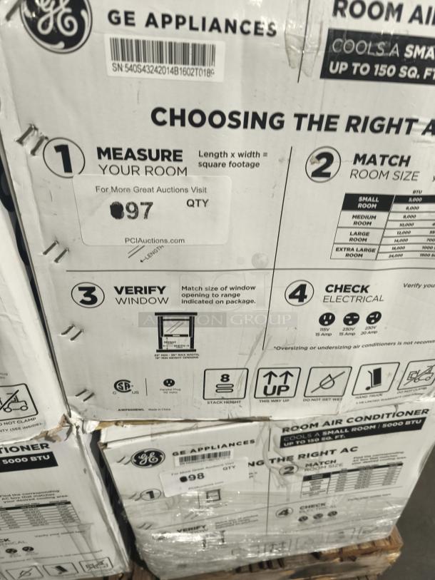 BRAND NEW GE® 5,000 BTU Mechanical Window Air Conditioner, model AWFS05BWL, in box with minor scratches and dents, fits small rooms.