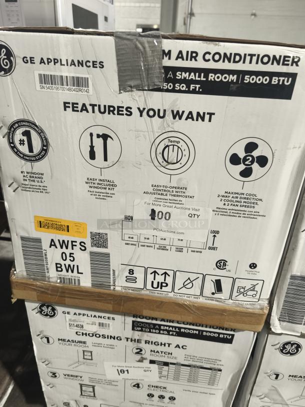 Brand new GE 5,000 BTU window air conditioner in box, model AWFS05BWL, scratch and dent condition, for small rooms up to 150 sq. ft.