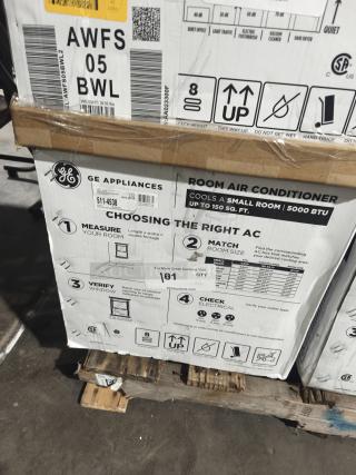 Brand new GE 5,000 BTU mechanical window air conditioner, model AWFS05BWL. Box shows handling instructions and cooling info.