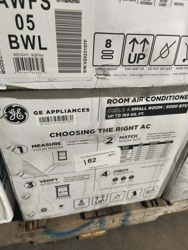 BRAND NEW GE 5,000 BTU Window Air Conditioner, Model AWFS05BWL. Box shows minor dents. Cools up to 150 sq. ft.