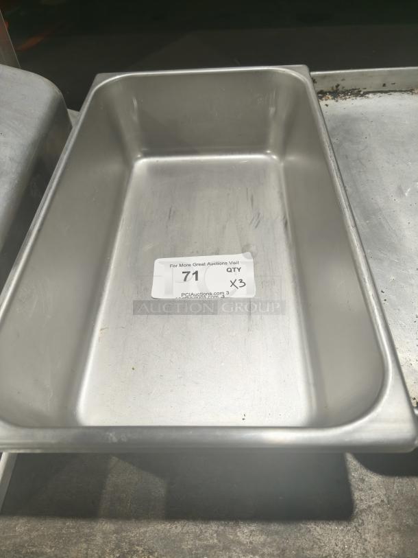 Commercial stainless steel 1/3 size hotel pan in good condition, visible label reads "For More Great Auctions Visit", quantity tag says "71 X3".